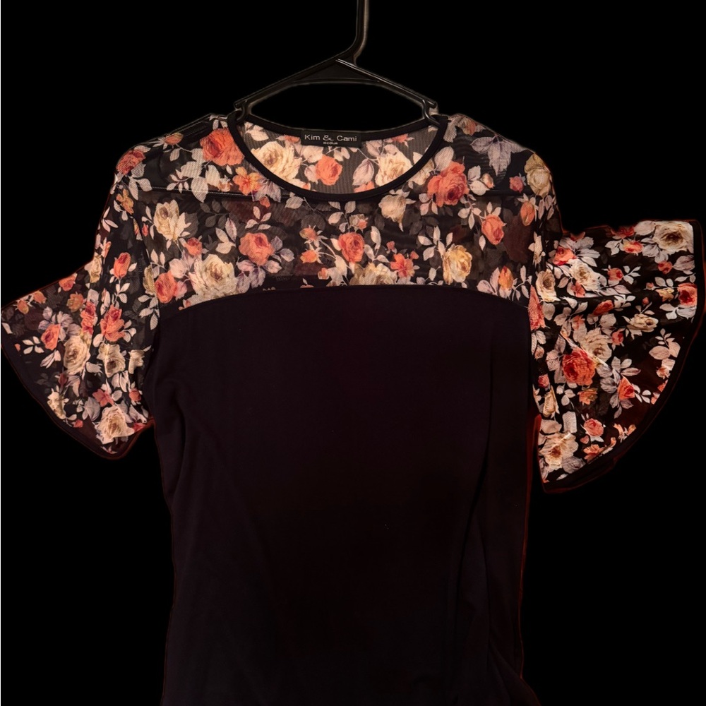 Kim & Cami Black Top with Cream and Peach Floral Yoke and Ruffle Sleeves